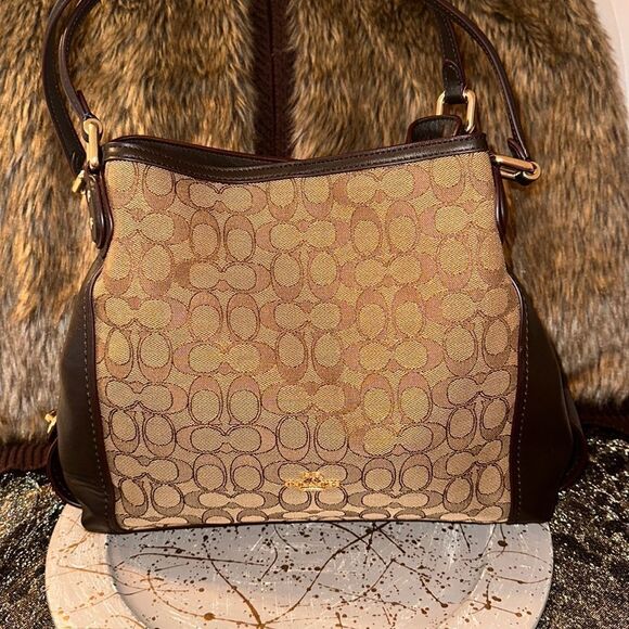 Coach Lexy Brown Tan Coach Logo Mid Sized Genuine Leather Satchel - Picture 1 of 16